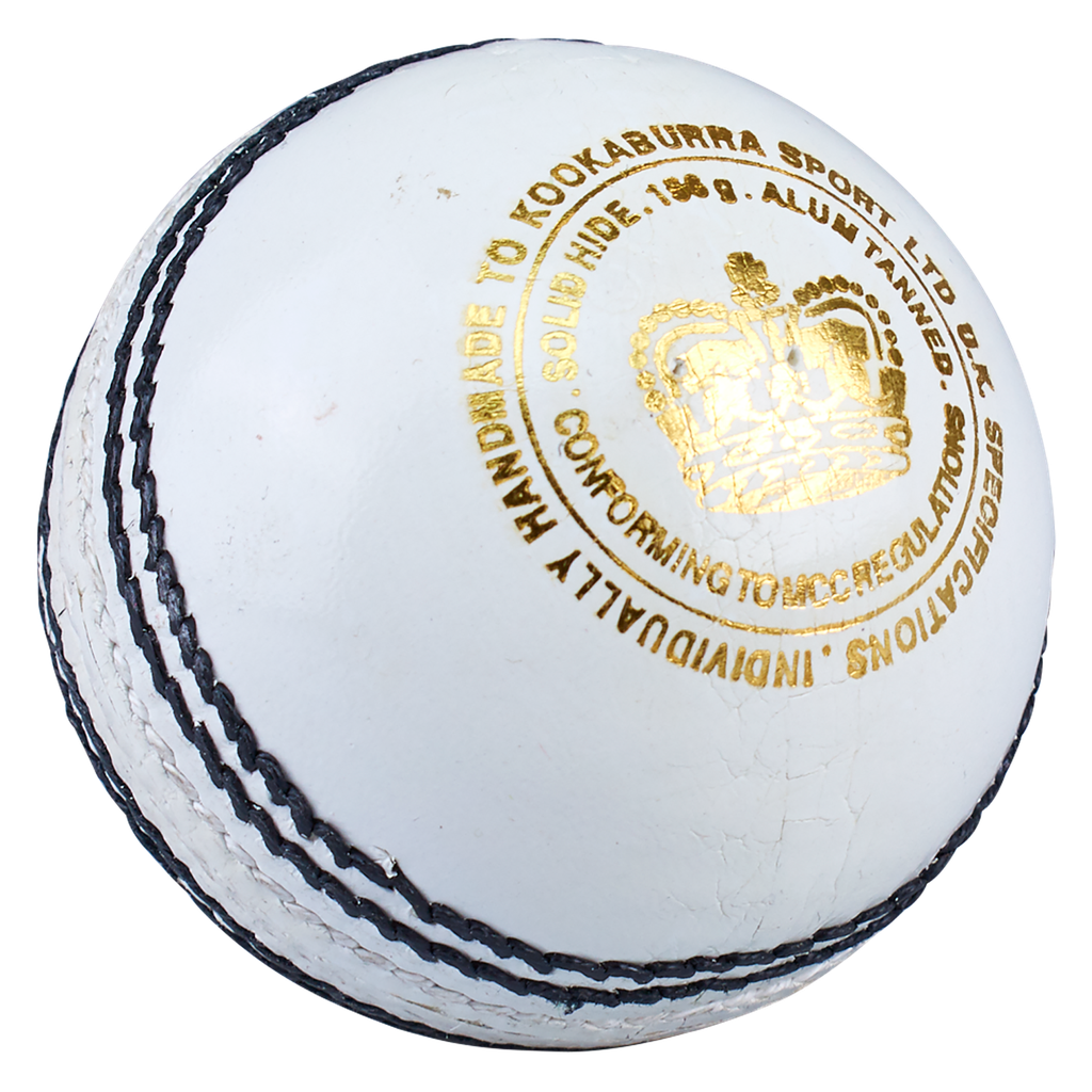 Angled view of the Kookaburra County Match white cricket ball highlighting leather finish and seam detail.