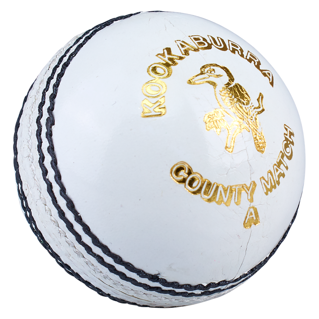 Front view of the Kookaburra County Match white cricket ball showing hand-stitched seam and branding.