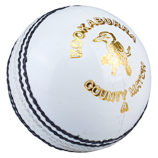 Front view of the Kookaburra County Match white cricket ball showing hand-stitched seam and branding.
