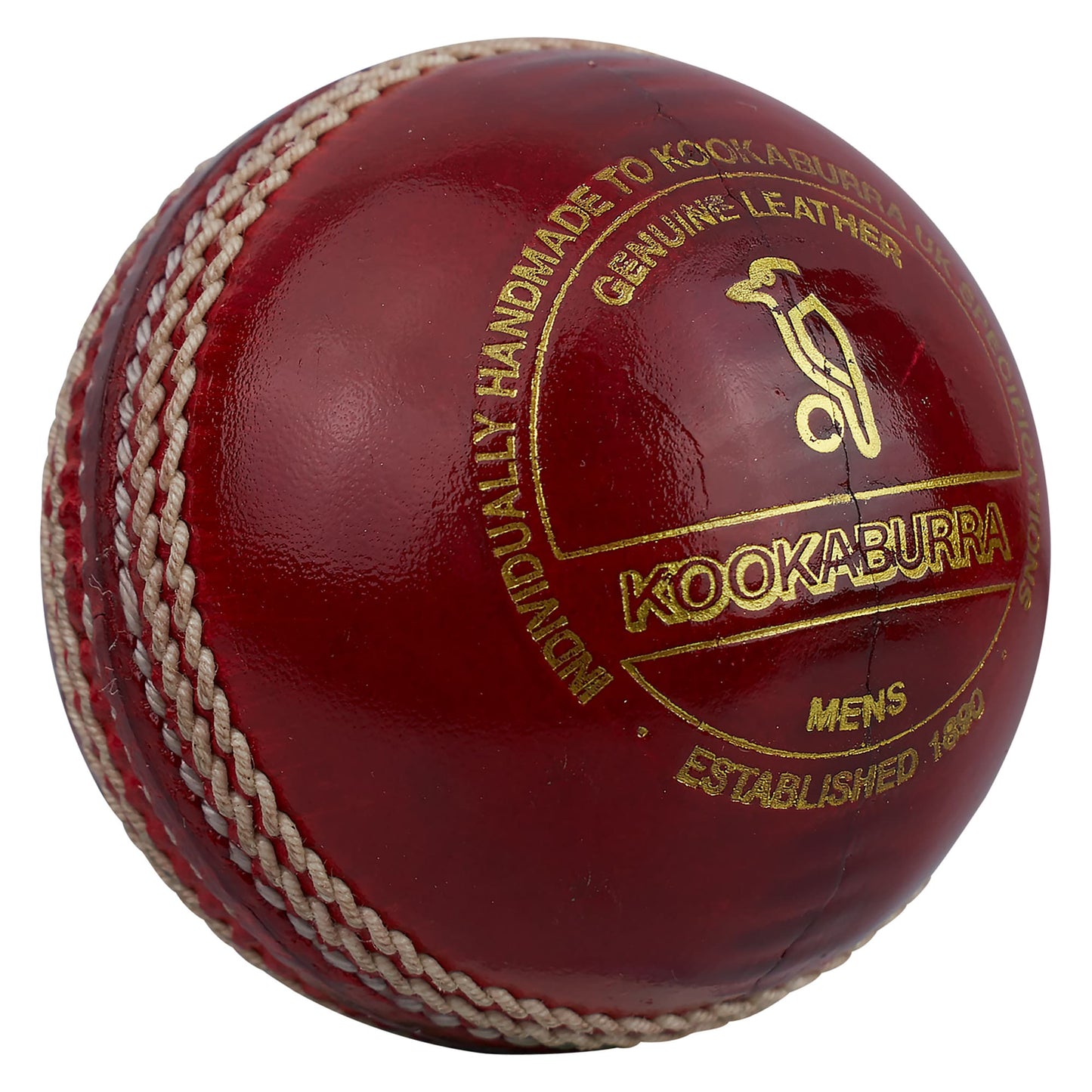 Close-up of Kookaburra County Special cricket ball showing premium gold foil branding and hand-stitched seam