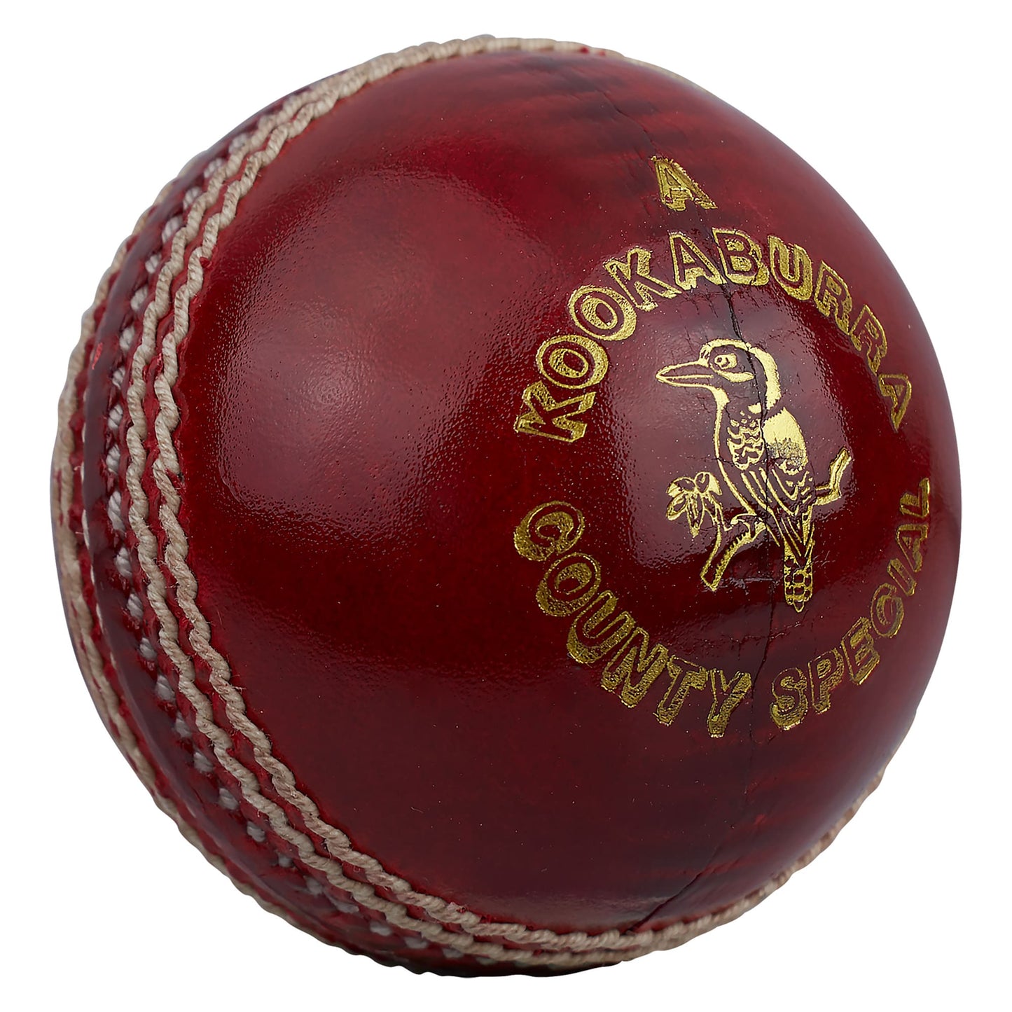 Angled view of Kookaburra County Special cricket ball showing 'County Special' embossing and fine seam detailing
