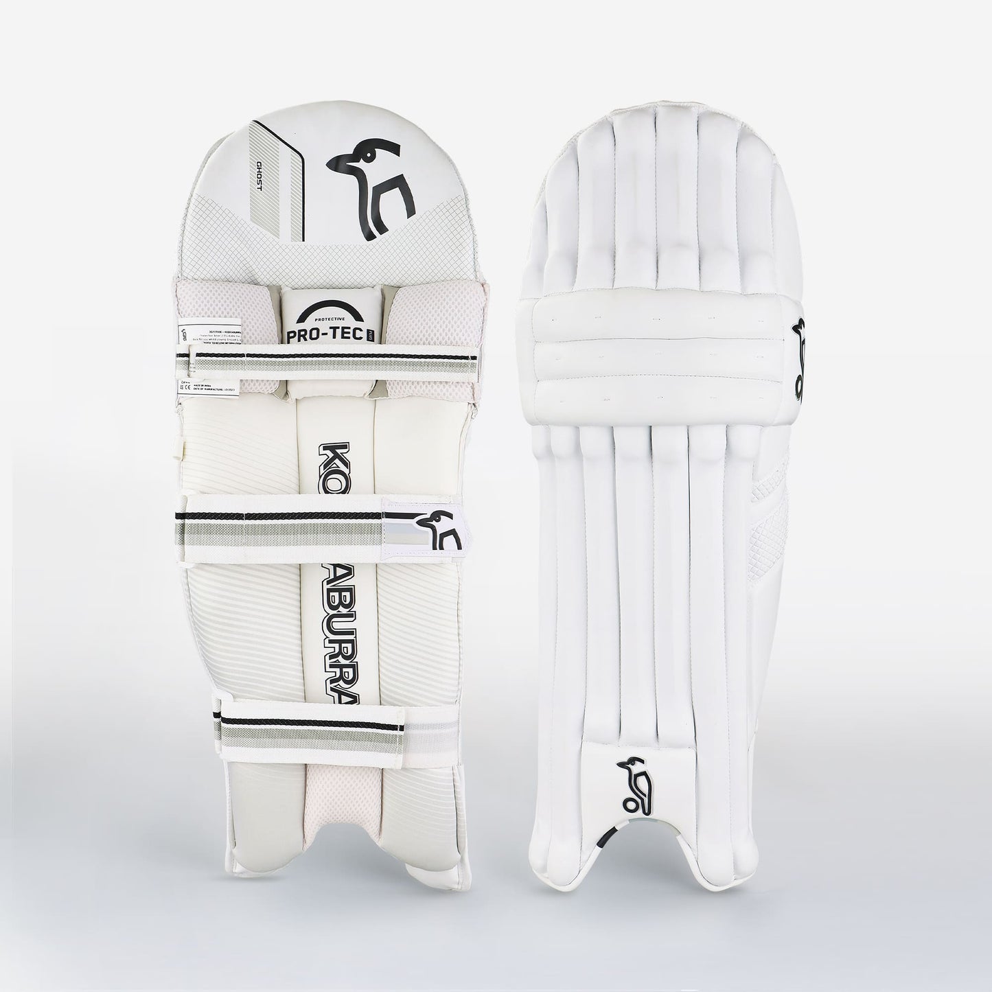 Front view of Kookaburra Ghost 3.1 cricket batting pads showing traditional vertical padding.