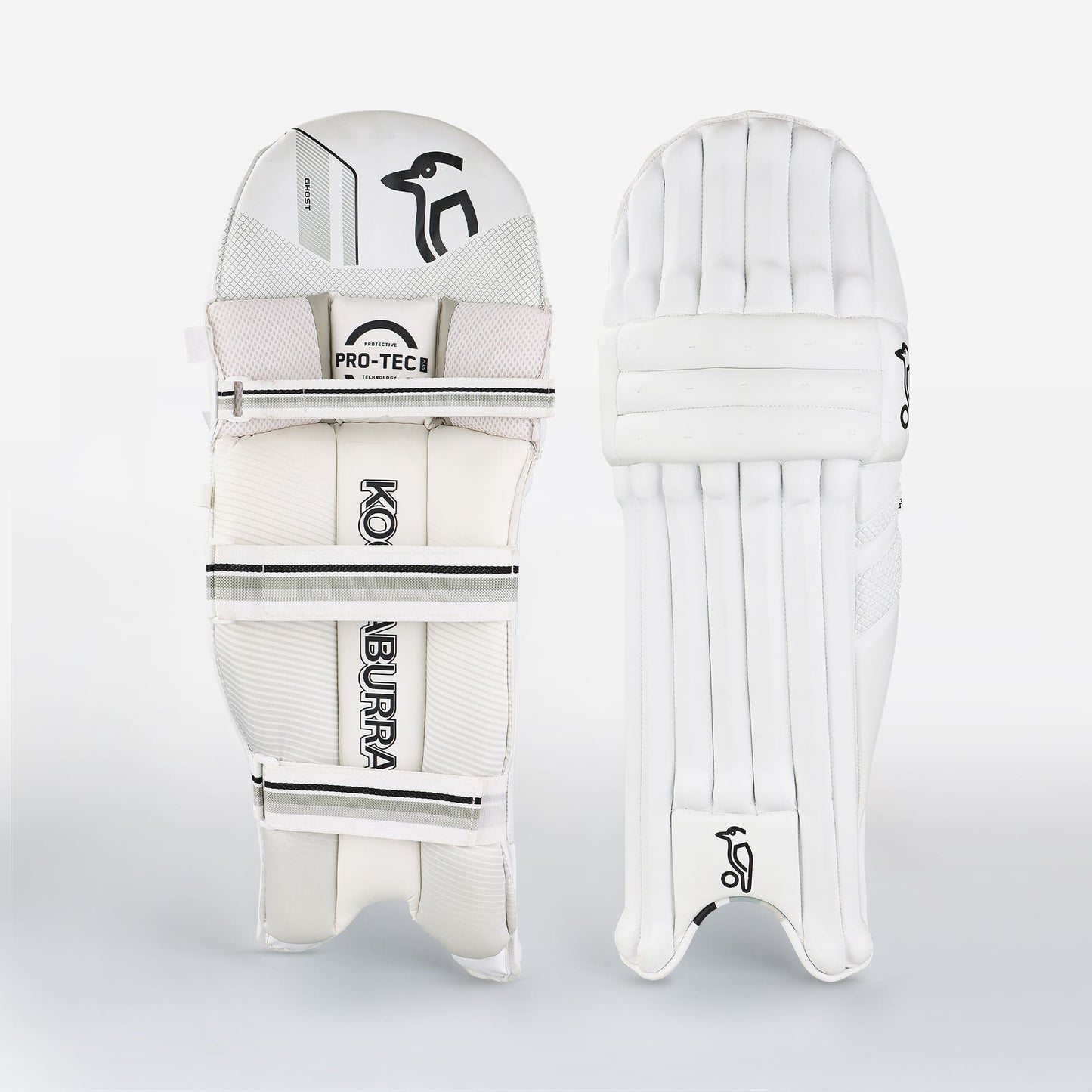 Kookaburra Ghost 4.1 batting pads showing front and back view, featuring Pro-Tec knee roll and lightweight design