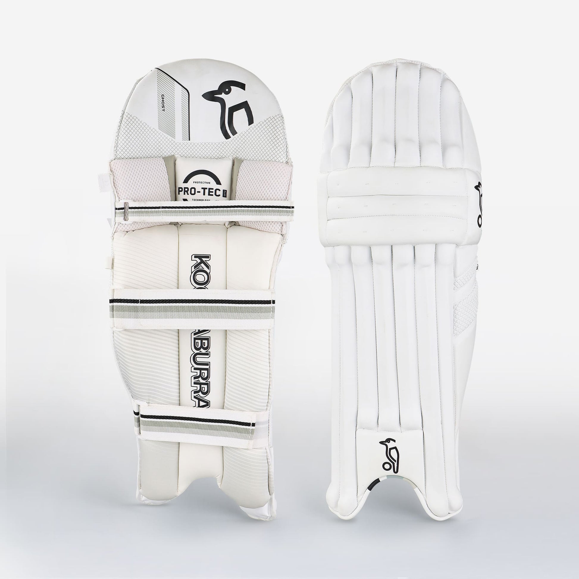 Kookaburra Ghost 4.1 batting pads showing front and back view, featuring Pro-Tec knee roll and lightweight design
