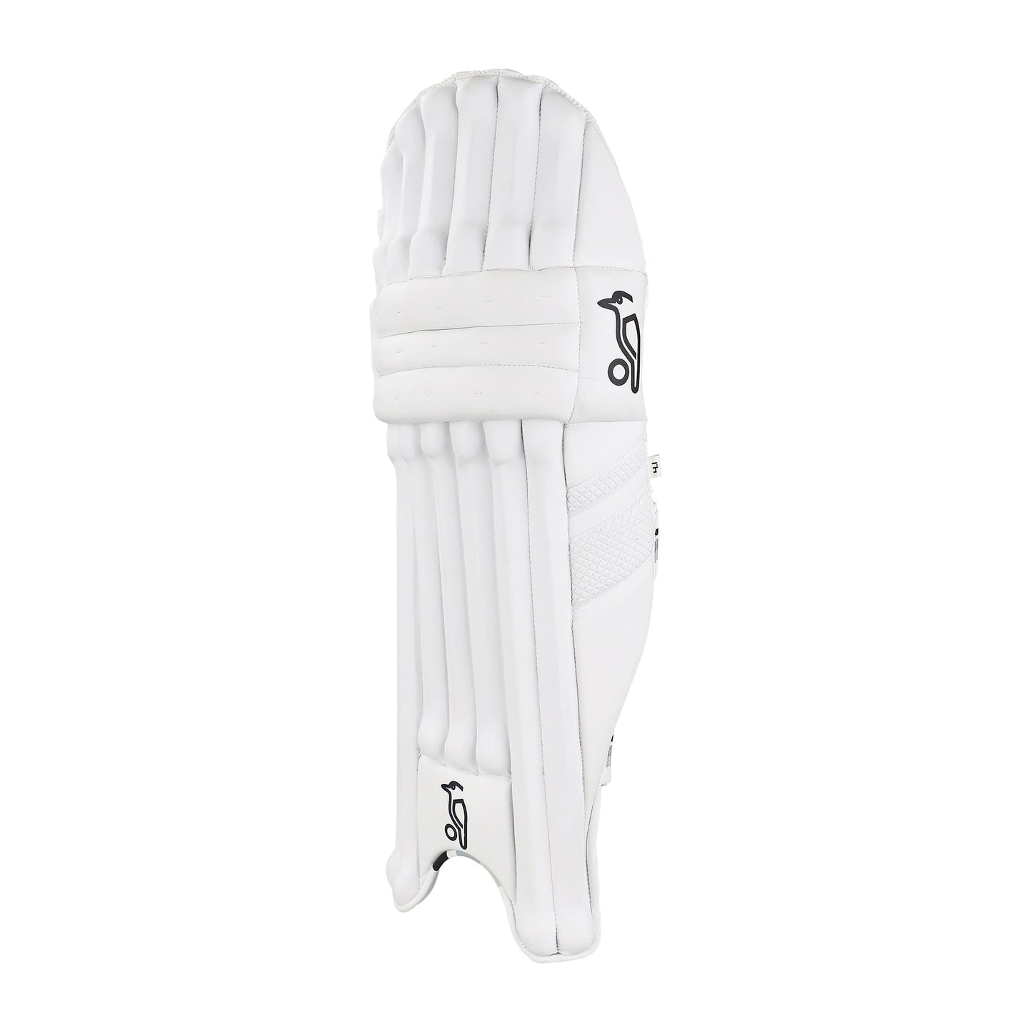 Front angled view of Kookaburra Ghost 4.1 cricket batting pads with vertical cane design and subtle branding