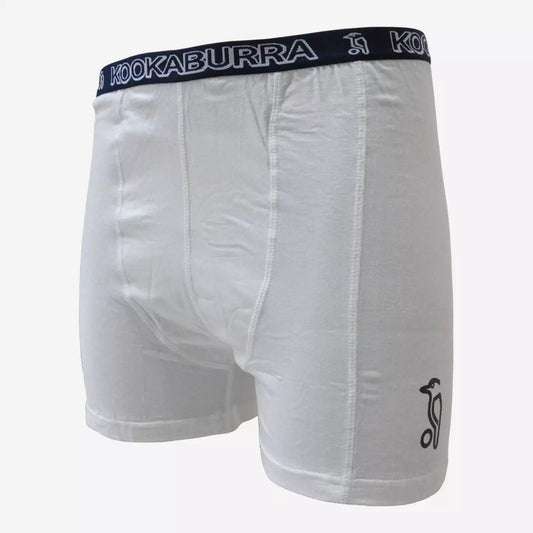front angled view of white Kookaburra jock shorts with elastic waistband and pouch