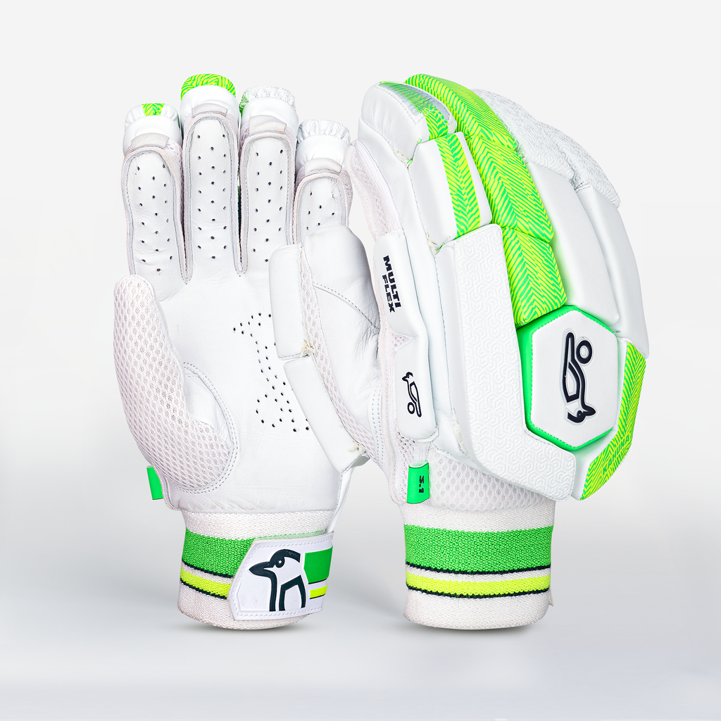 Front view of Kookaburra Kahuna 3.1 batting gloves showing lightweight padding and green Kahuna detailing.