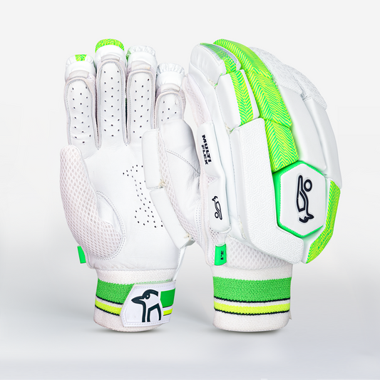 Front view of Kookaburra Kahuna 3.1 batting gloves showing lightweight padding and green Kahuna detailing.