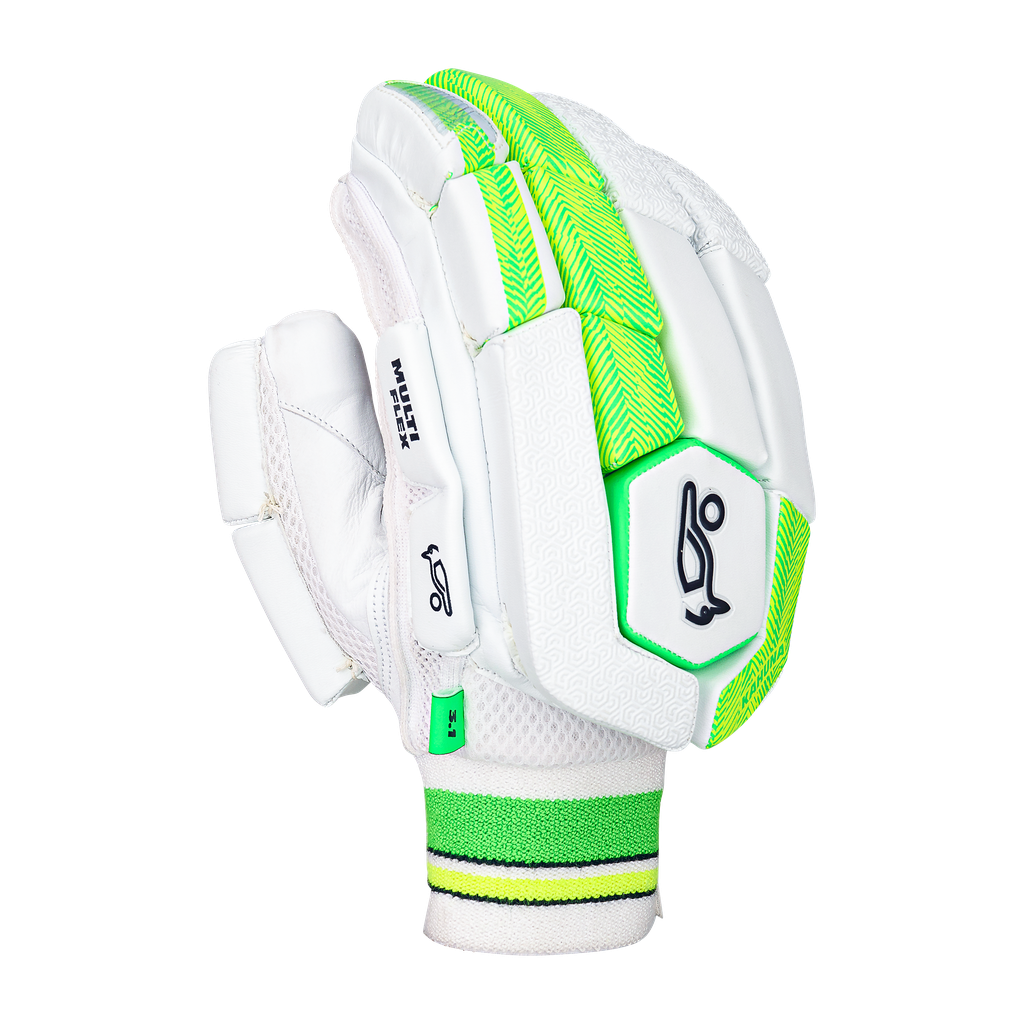 Front view of a single Kookaburra Kahuna 3.1 batting glove with segmented finger protection.
