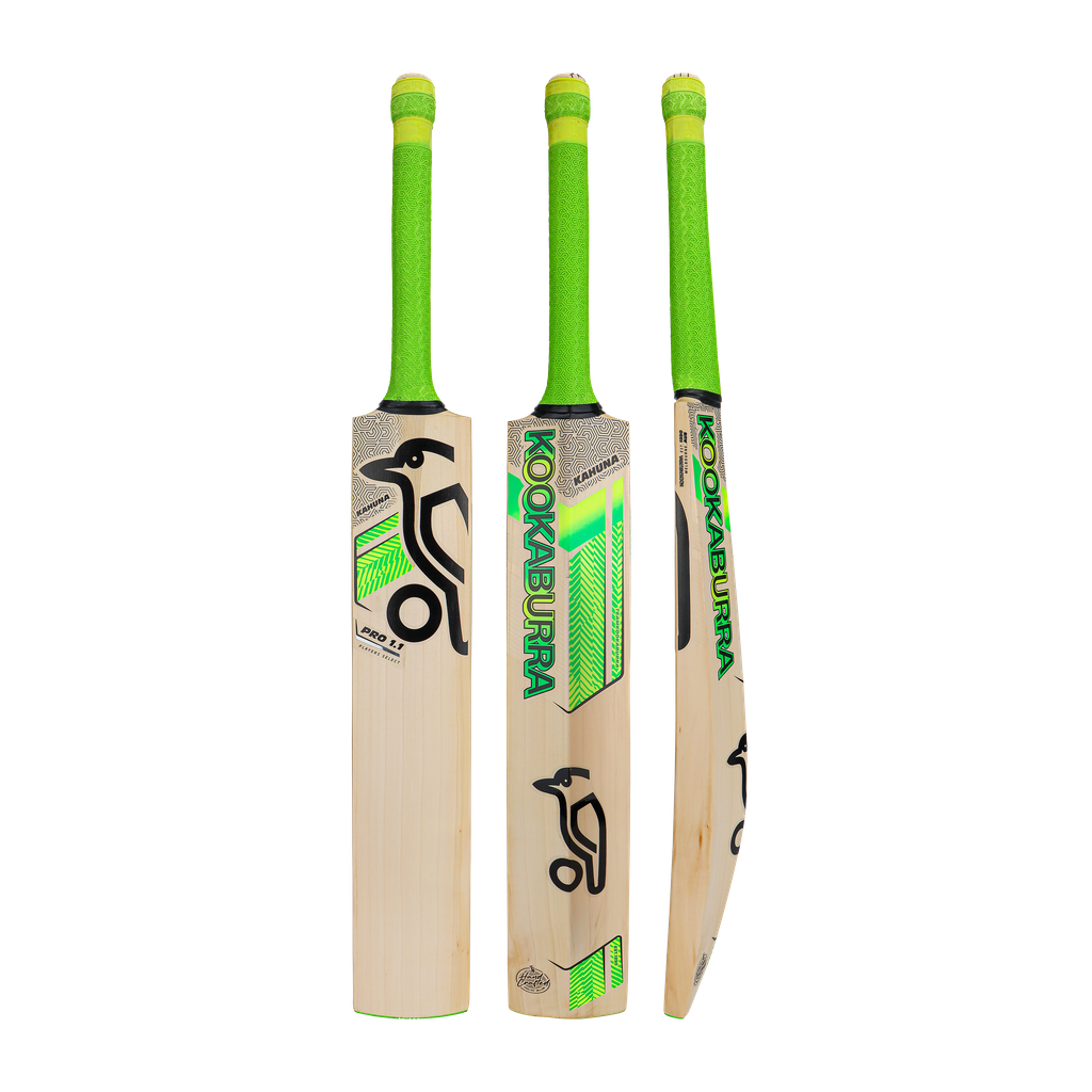 Front, side, and back view of the Kookaburra Kahuna Pro 1.1 Players Select 2026 cricket bat