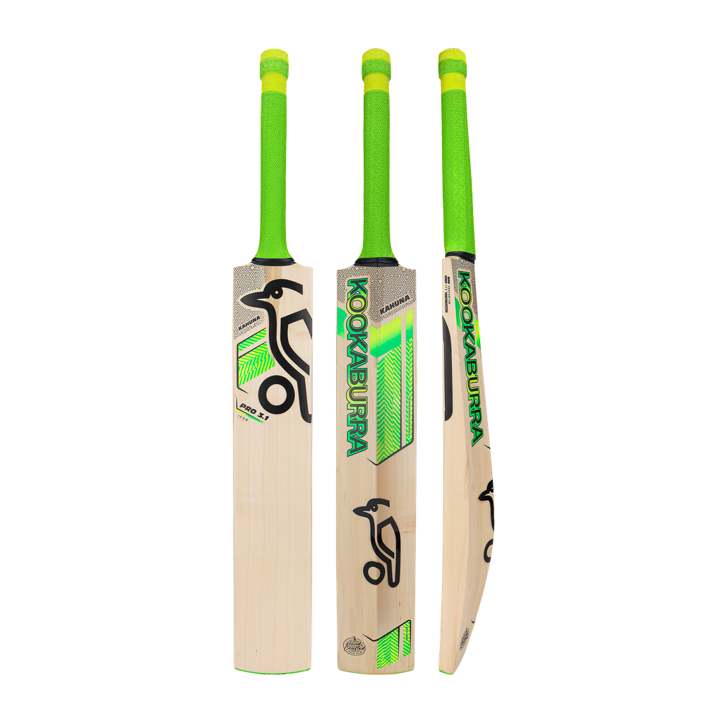 Front, back, and side view of the Kookaburra Kahuna Pro 3.1 Icon 2026 cricket bat