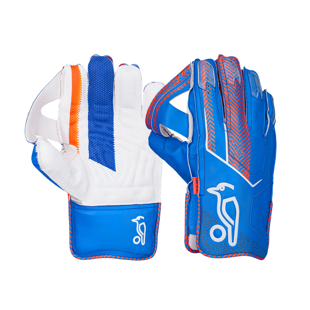 Front view of Kookaburra LC 3.0 wicket keeping gloves showing long cut design and catching area.