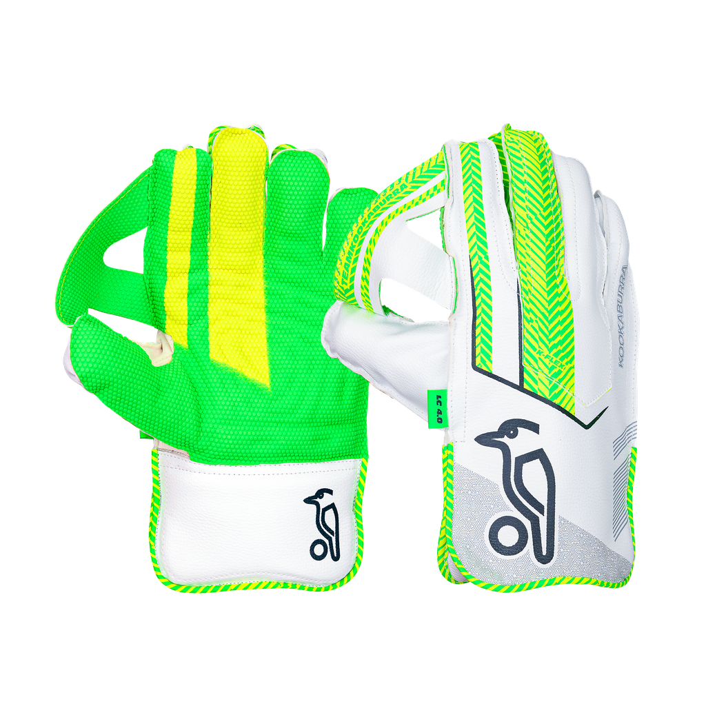 Front view of Kookaburra LC 4.0 wicket keeping gloves showing long cut design and catching area.