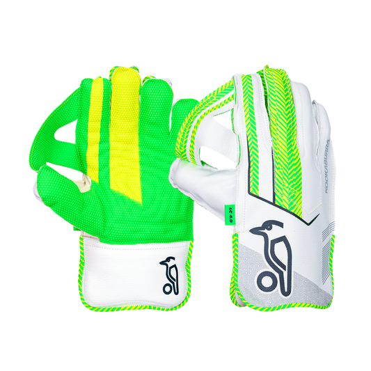 Front view of Kookaburra LC 4.0 wicket keeping gloves showing long cut design and catching area.