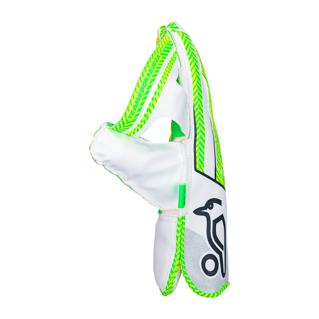 Side profile of Kookaburra LC 4.0 wicket keeping gloves showing long cuff and reinforced web.