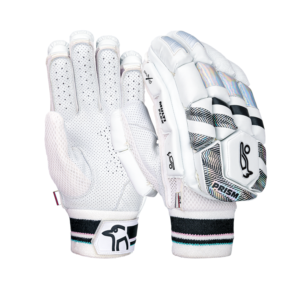 Front view of Kookaburra Prism 2.1 batting gloves showing padded finger protection and Prism styling.