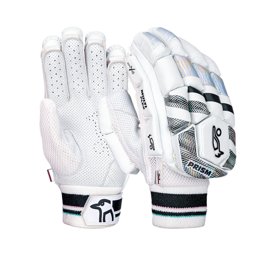 Front view of Kookaburra Prism 2.1 batting gloves showing padded finger protection and Prism styling.