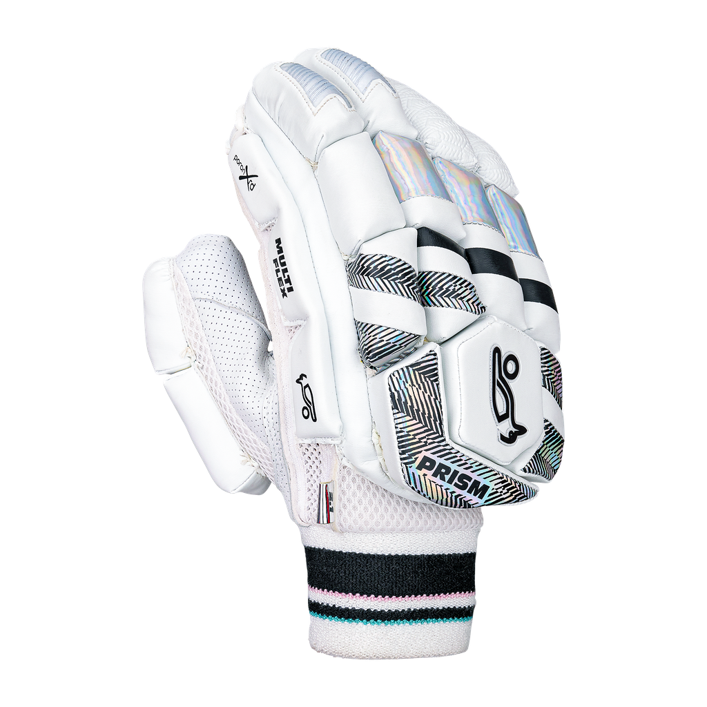 Front view of a single Kookaburra Prism 2.1 batting glove with segmented finger padding.