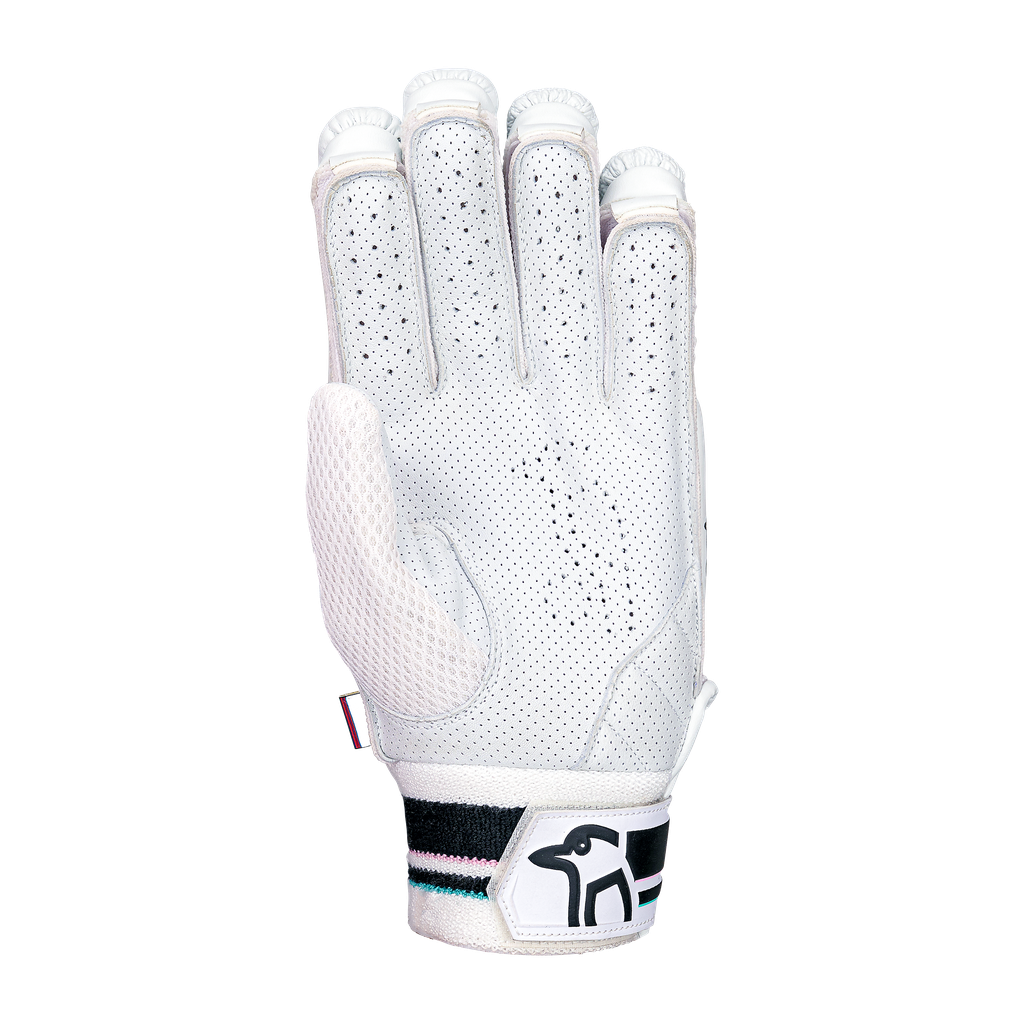 Palm view of a Kookaburra Prism 2.1 batting glove highlighting sheep leather palm and grip areas