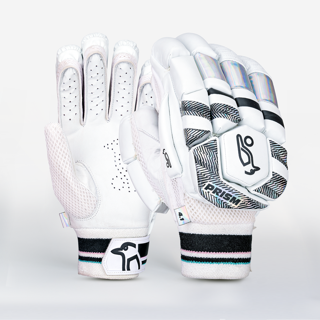Front view of Kookaburra Prism 4.1 batting gloves showing padded finger rolls and Prism styling.