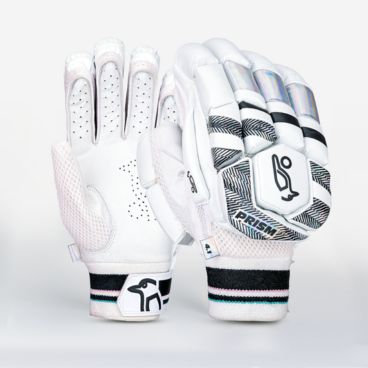Front view of Kookaburra Prism 4.1 batting gloves showing padded finger rolls and Prism styling.