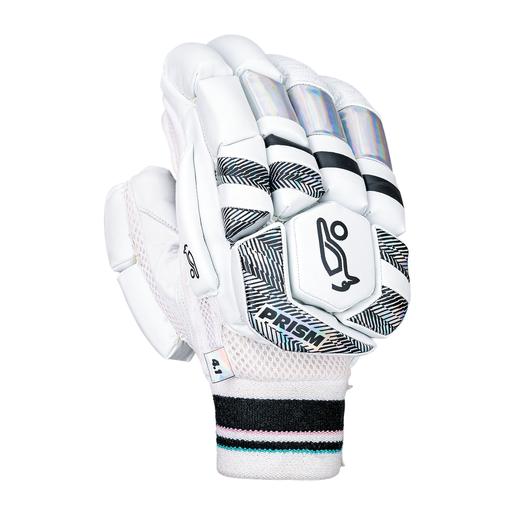 Front view of a single Kookaburra Prism 4.1 batting glove with square finger padding.