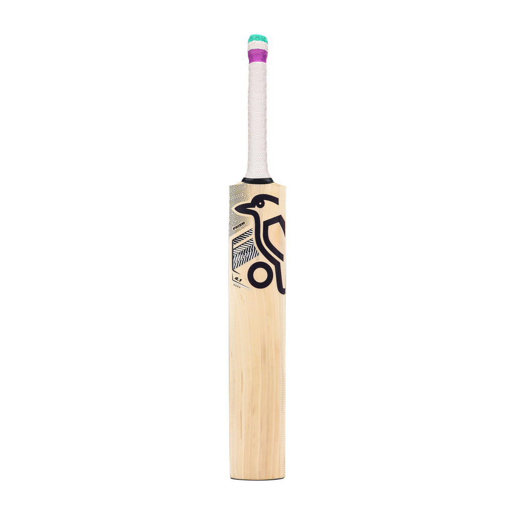 Front view of junior cricket bat with natural finish and Prism branding