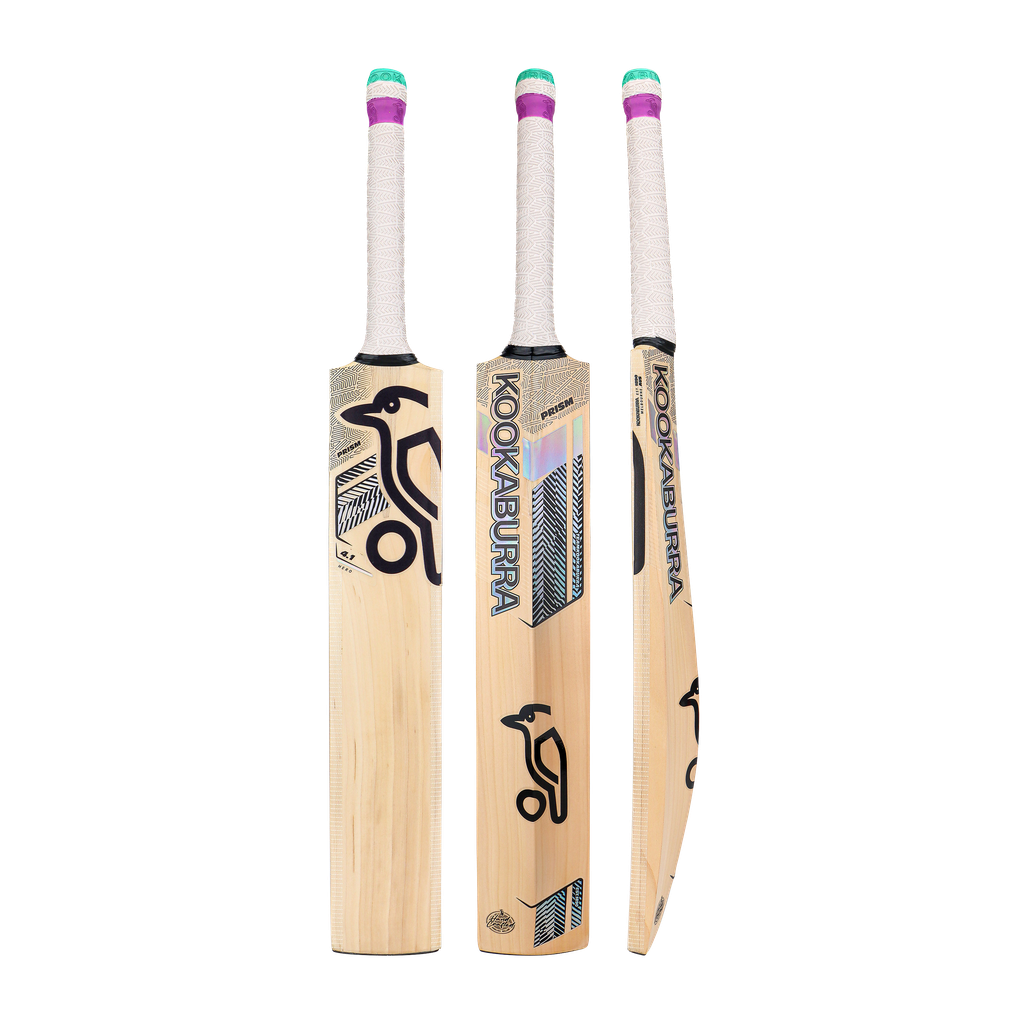Front, side, and back view of Kookaburra Prism 4.1 Hero Junior 2026 cricket bat