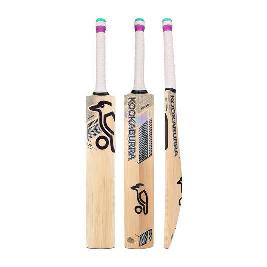 Front, side, and back view of Kookaburra Prism 4.1 Hero Junior 2026 cricket bat