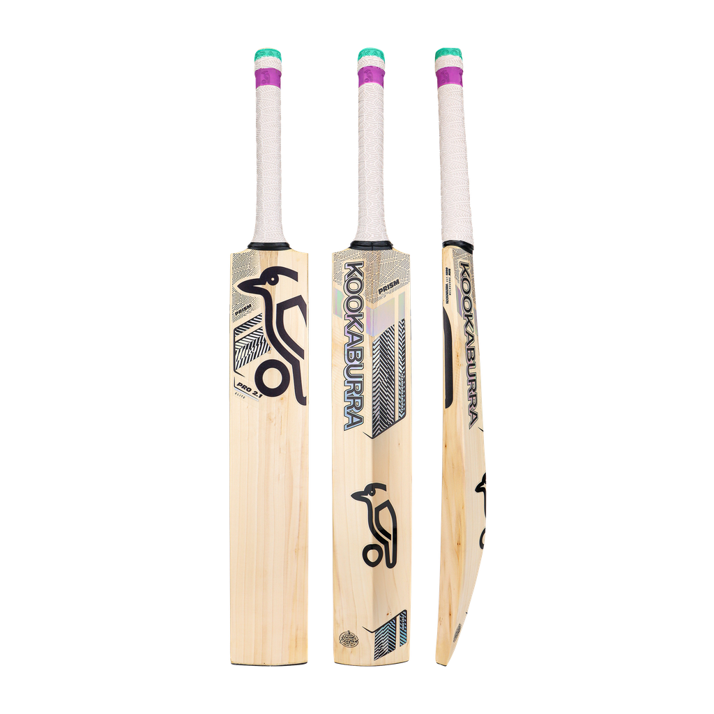 Front, back, and side view of Kookaburra Prism Pro 2.1 Elite Junior 2026 cricket bat
