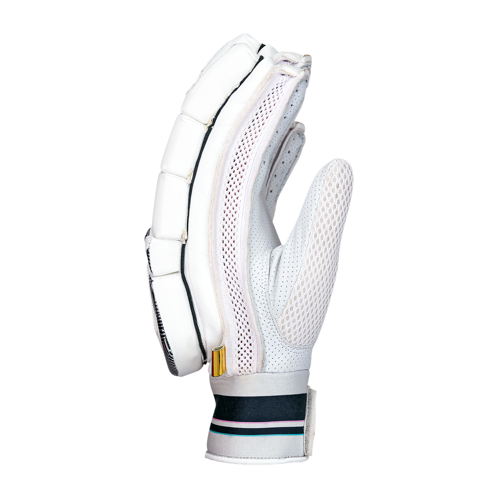 Angled view of a Kookaburra Prism Pro batting glove highlighting Poron XRD padding zones.