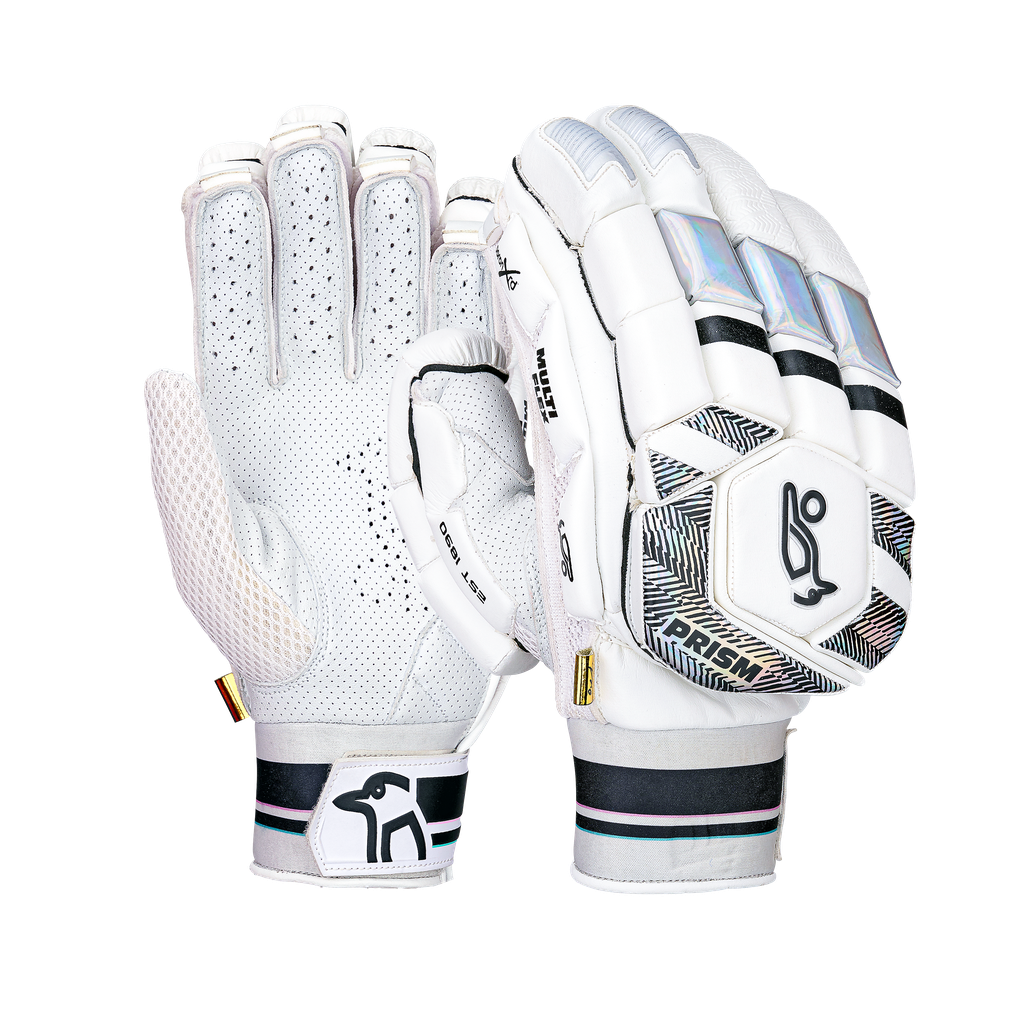 Front view of Kookaburra Prism Pro batting gloves showing premium padding and Prism detailing.