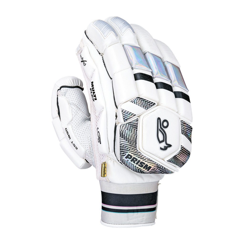 Front view of a single Kookaburra Prism Pro batting glove with segmented finger protection.