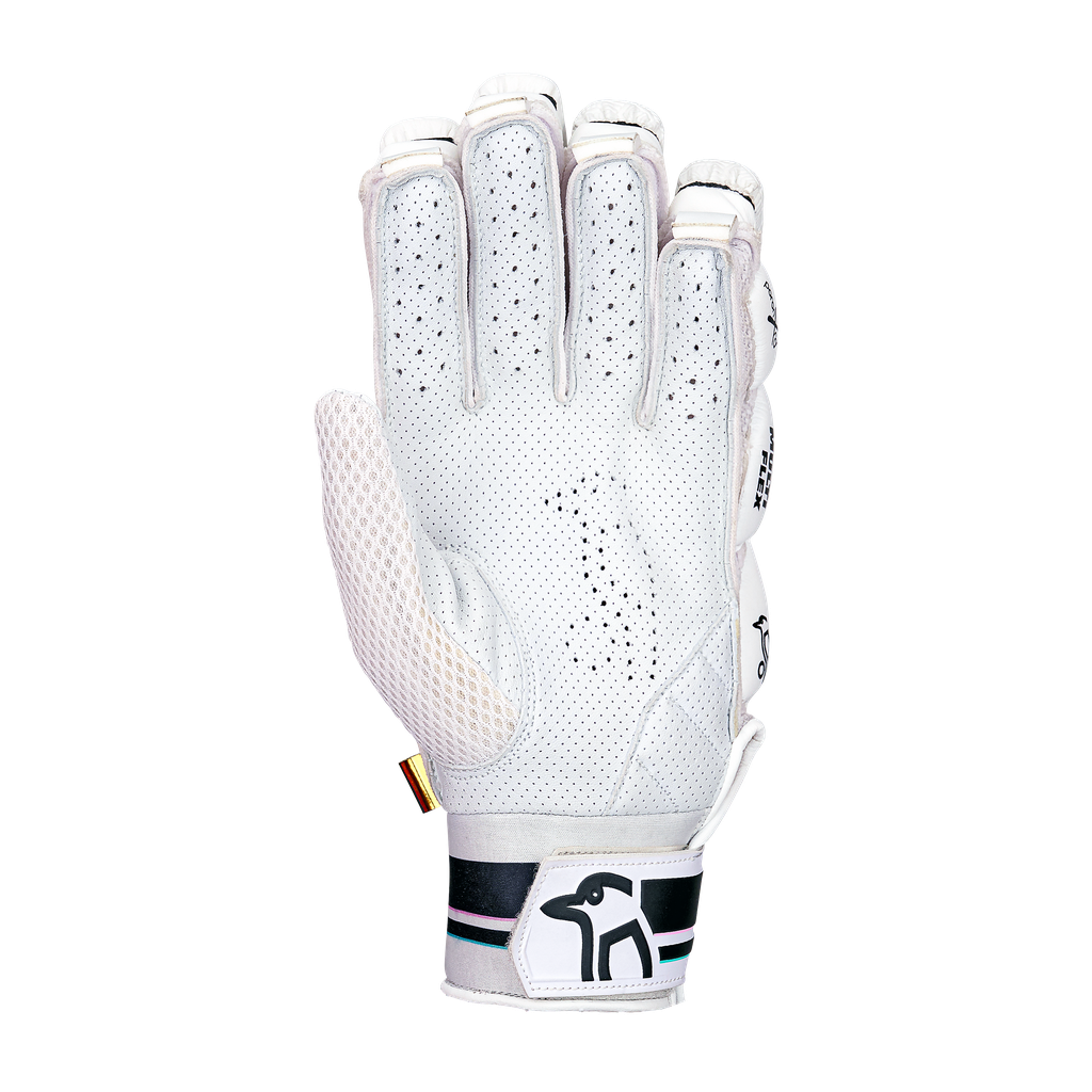 Palm view of a Kookaburra Prism Pro batting glove highlighting premium sheep leather and grip