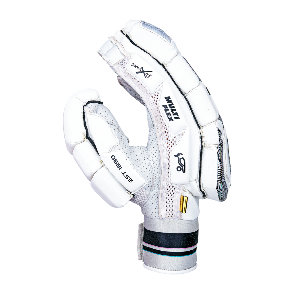 Side profile of a Kookaburra Prism Pro batting glove showing finger curve and thumb protection.