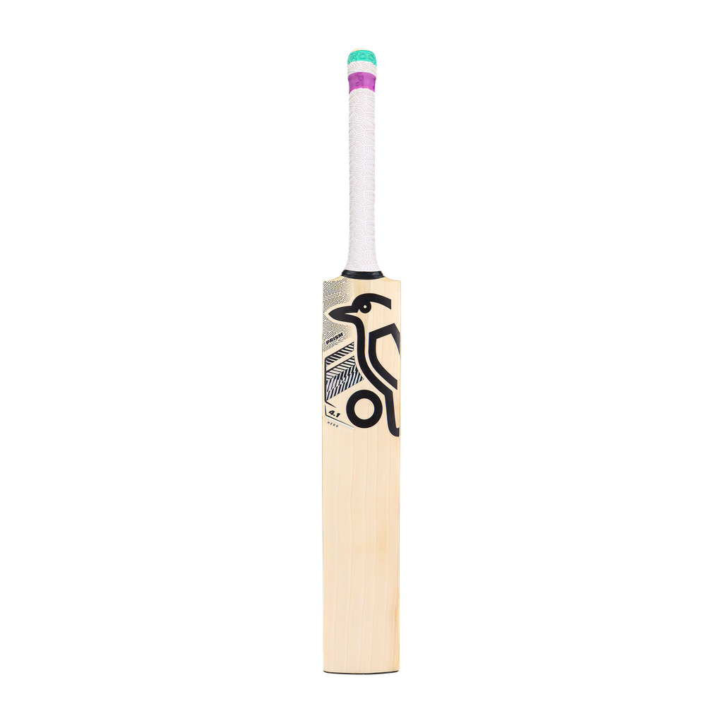 Clean front view of Kookaburra Prizm Hero bat with aura grip and natural face