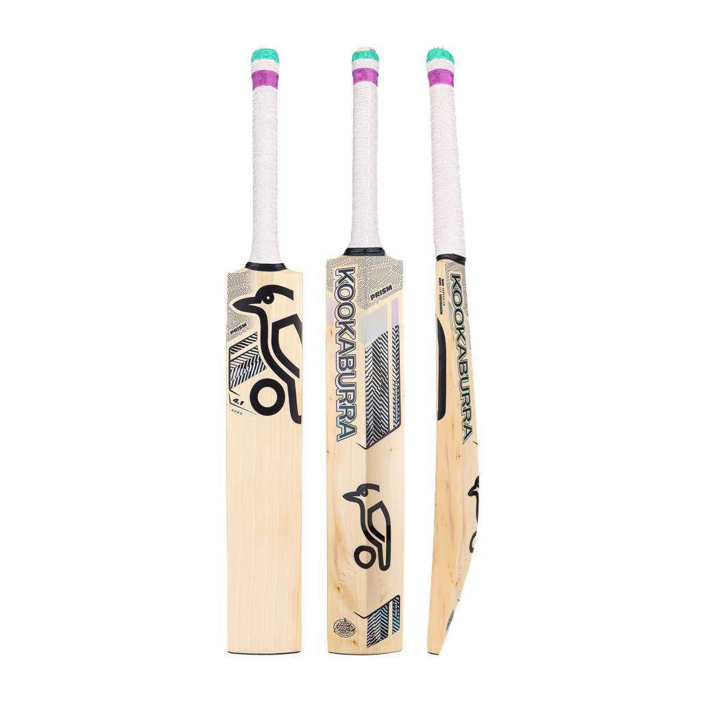 Front, side, and back view of the Kookaburra Prizm 4.1 Hero 2026 cricket bat