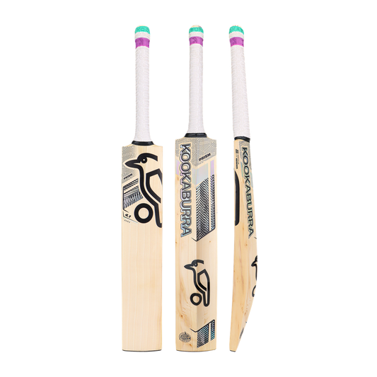 Front, side, and back view of the Kookaburra Prizm 4.1 Hero 2026 cricket bat