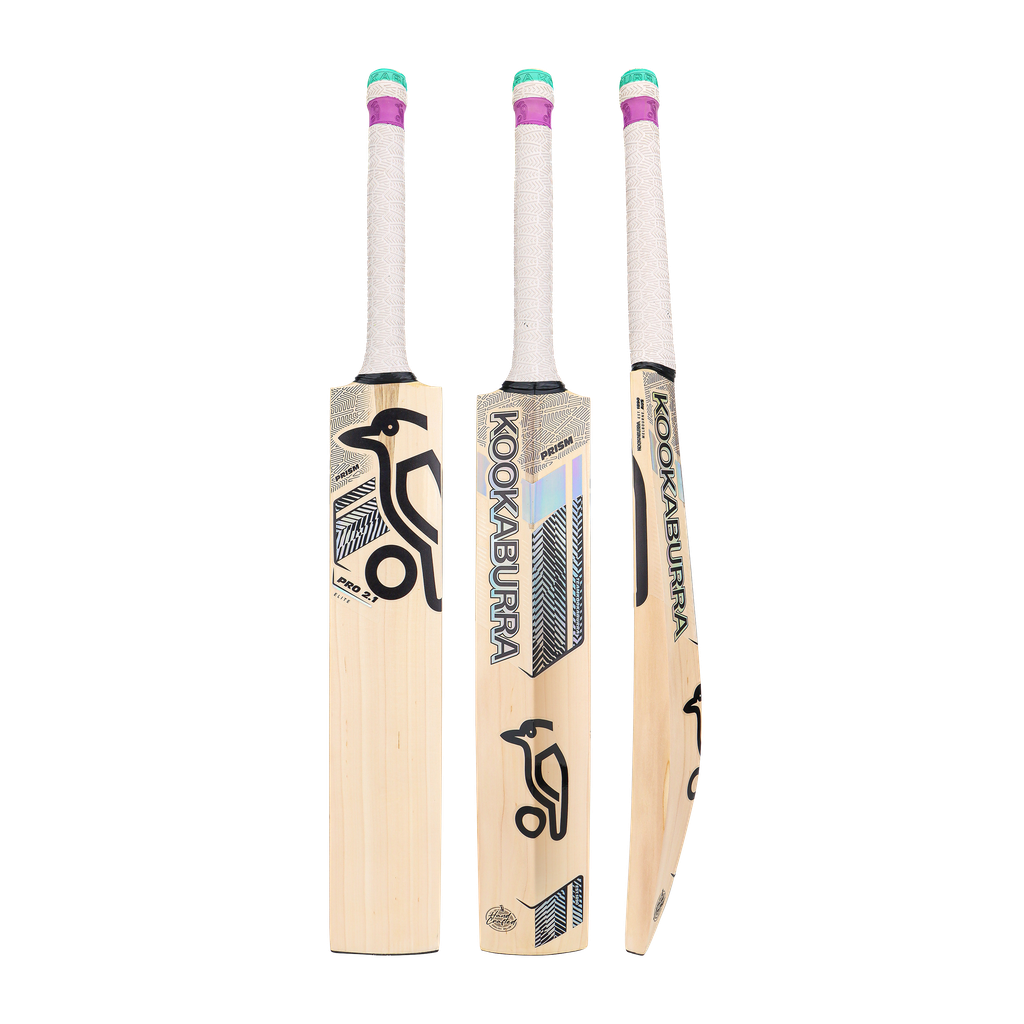 Front, side, and back view of the Kookaburra Prizm Pro 2.1 Elite 2026 cricket bat
