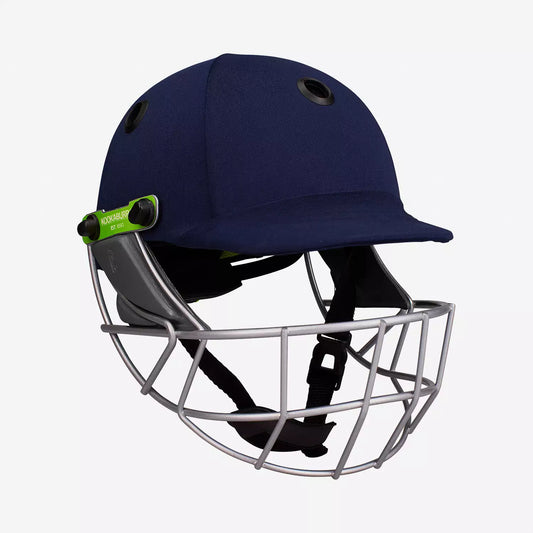 Kookaburra Pro 600F Navy Helmet – Angled view showing lightweight shell and face protection