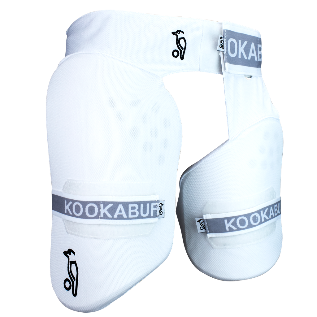 Front view of the Kookaburra Pro Guard 250 thigh protector showing thigh and inner-thigh coverage