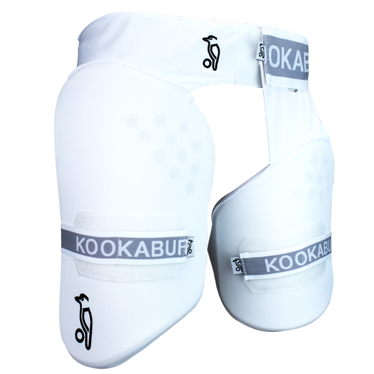 Front view of the Kookaburra Pro Guard 250 thigh protector showing thigh and inner-thigh coverage