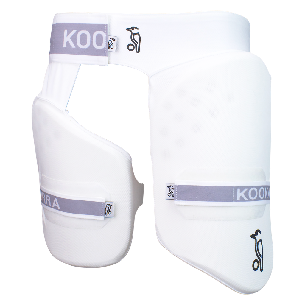 Rear view of the Kookaburra Pro Guard 250 thigh protector showing adjustable straps and comfort backing