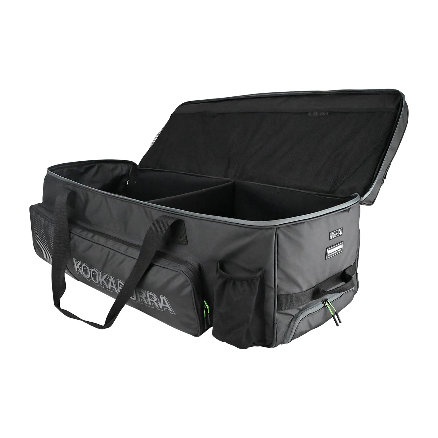 Interior of Kookaburra Pro Players Wheelie Bag in black, showcasing large main compartment and durable design