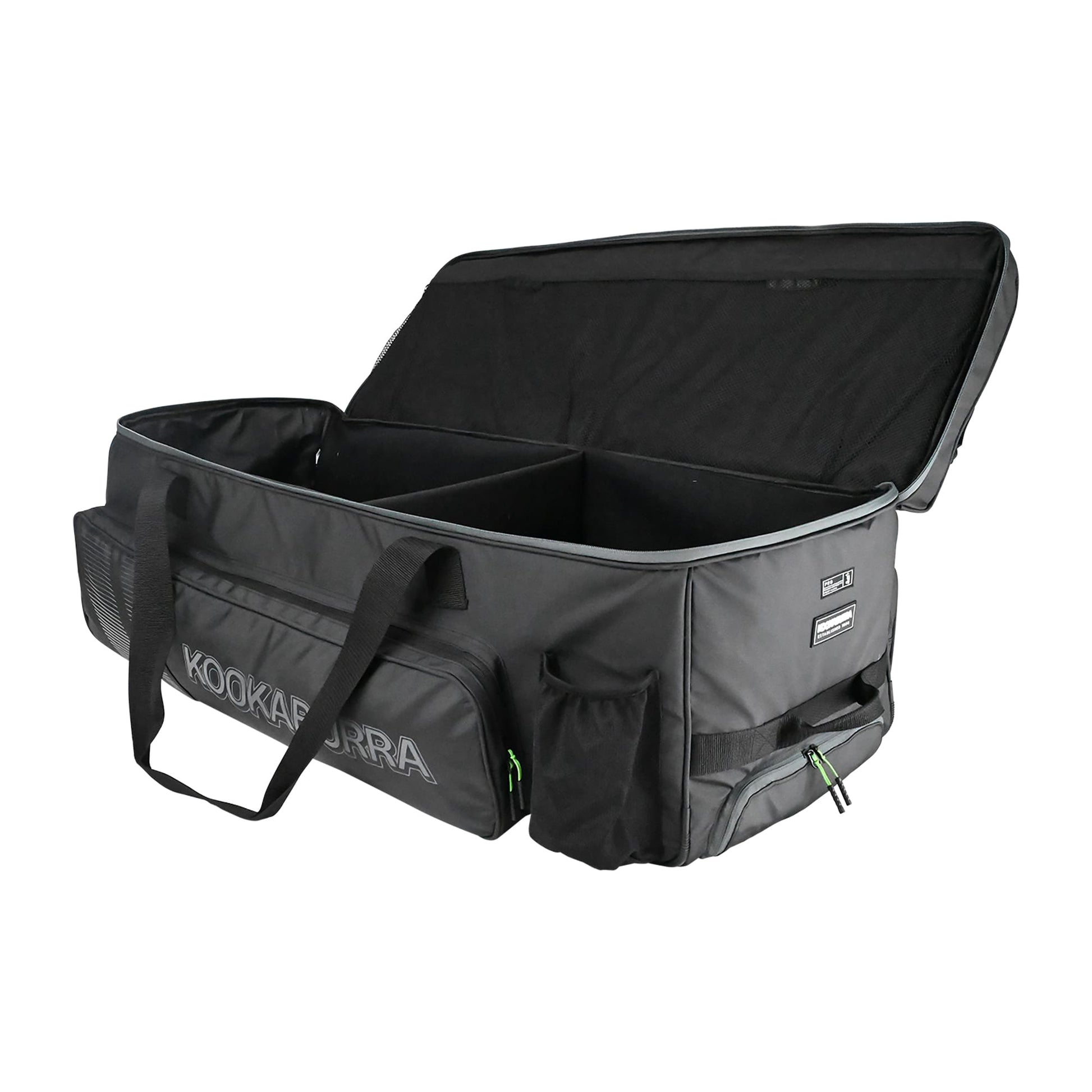 Interior of Kookaburra Pro Players Wheelie Bag in black, showcasing large main compartment and durable design