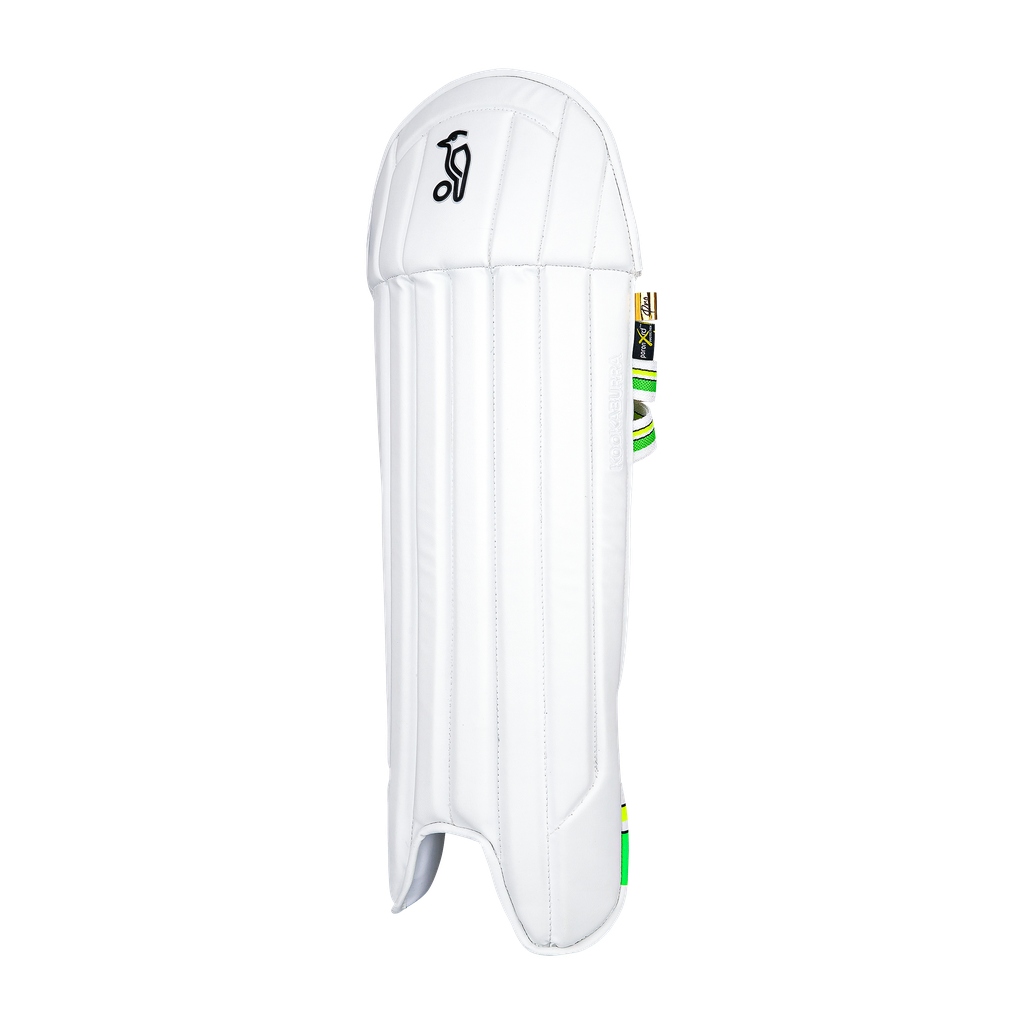 Front view of a single Kookaburra Pro wicket keeping pad highlighting vertical padding and shape