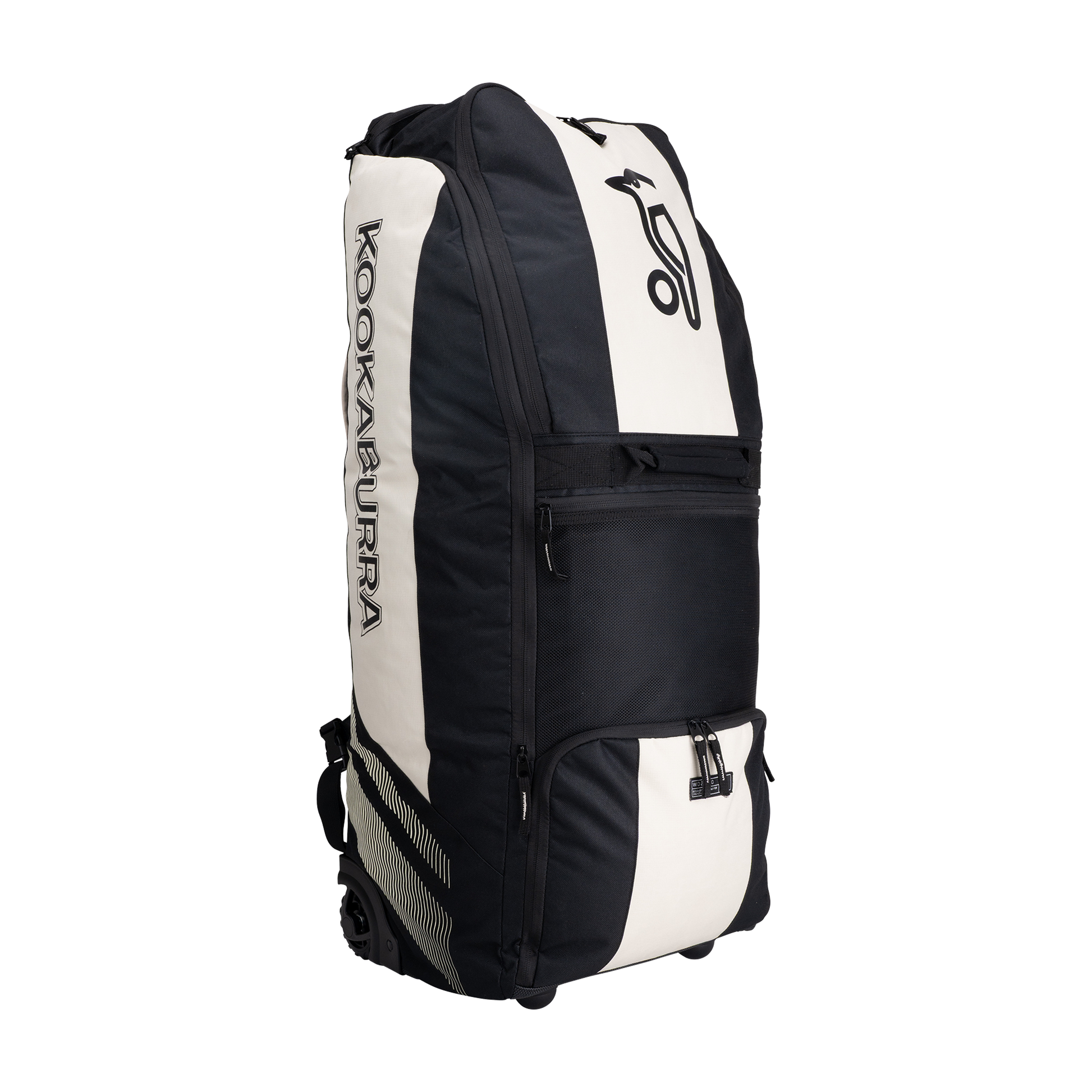 Kookaburra WD2000 Wheelie Duffle Bag in black and bone, upright front view with stylish contrast panels