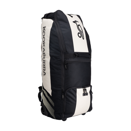 Kookaburra WD2000 Wheelie Duffle Bag in black and bone, upright front view with stylish contrast panels