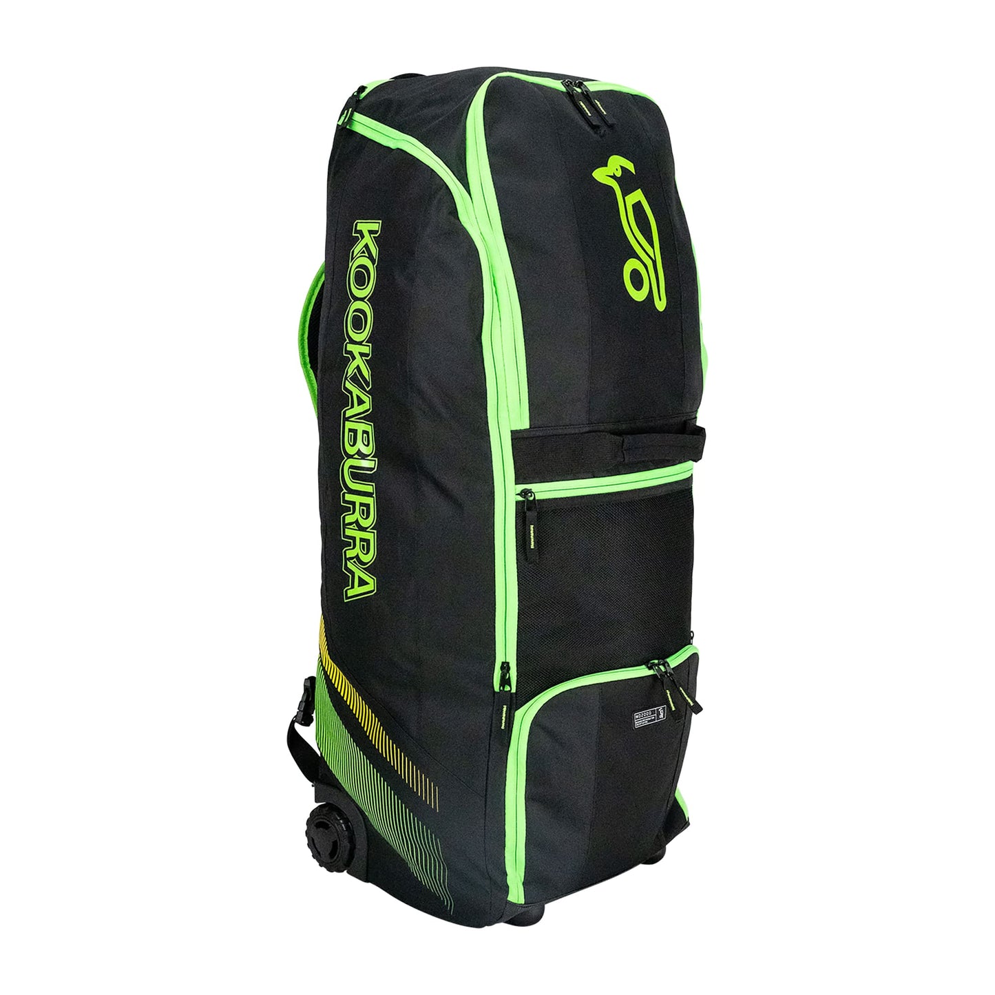 Kookaburra WD2000 Wheelie Duffle Bag in black and green with front branding and spacious compartments