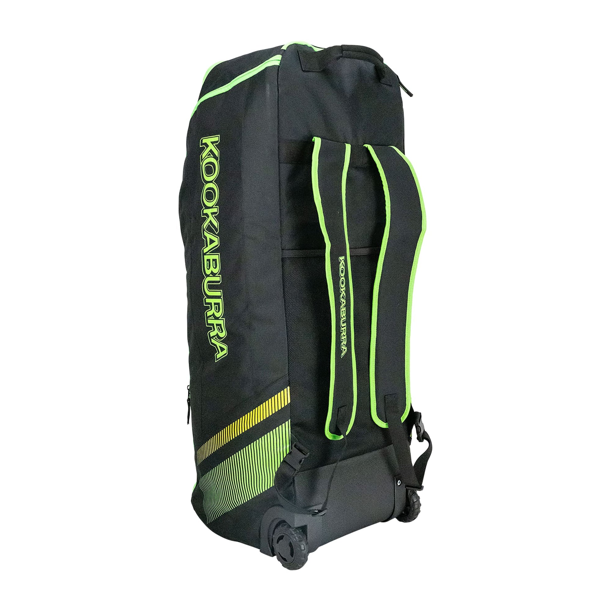 Side angle of Kookaburra WD2000 Wheelie Duffle Bag in black and green showing large zip pockets and sturdy wheels